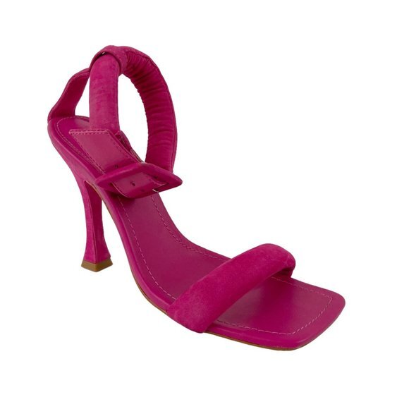 SCHUTZ Shoes - Schutz Gigih Nubuck Heel Sandal Hot Pink Size 7.5 Square Toe Leather Ankle Strap